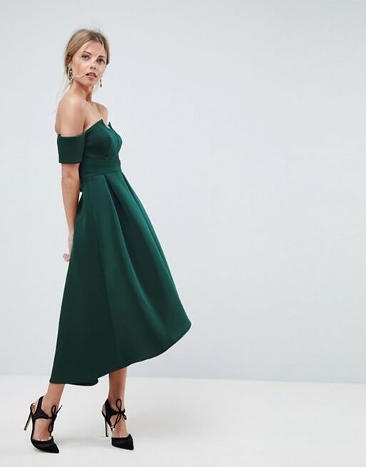 ASOS Bardot Pleated Waist Scuba Midi Prom Dress Green myonewedding