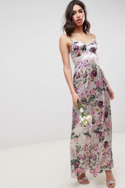 ASOS DESIGN Bridesmaid cami maxi dress with lace insert in pretty floral print Pink Purple