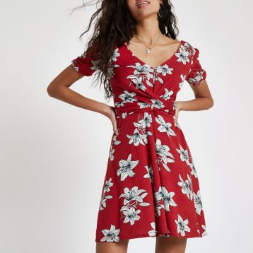 River Island Floral Twist Front Skater Dress Red White