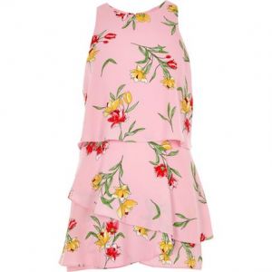 River Island Floral Tiered Frill Sleeveless Playsuit, Pink/Multi 