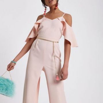 River Island Light Cold Shoulder Belted Jumpsuit Pale Pink Blush myonewedding