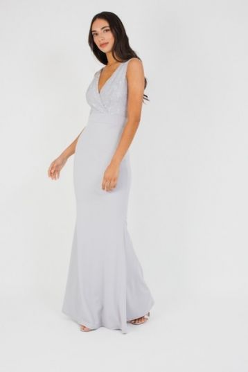 WalG Deep V Grey Lace Maxi Bridesmaid Dress, Silver - Image 2