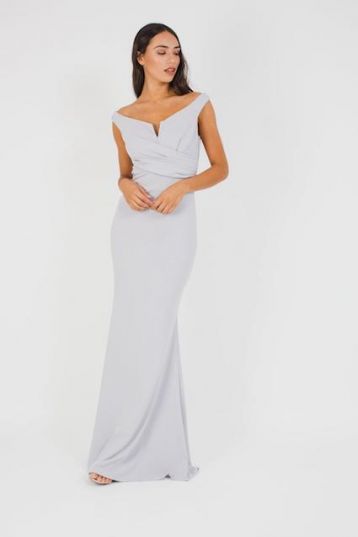 WalG Off Shoulder Grey Maxi Bridesmaid Dress Silver myonewedding