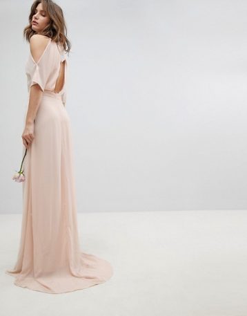 TFNC High Neck Maxi Bridesmaid Dress With Fishtail Pale Pink Blush