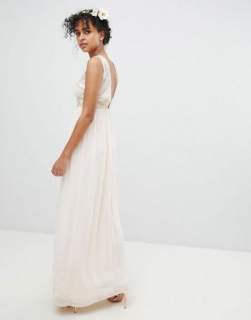 TFNC Maxi Bridesmaid Dress With Soft Floral Sequin Top Nude Ivory