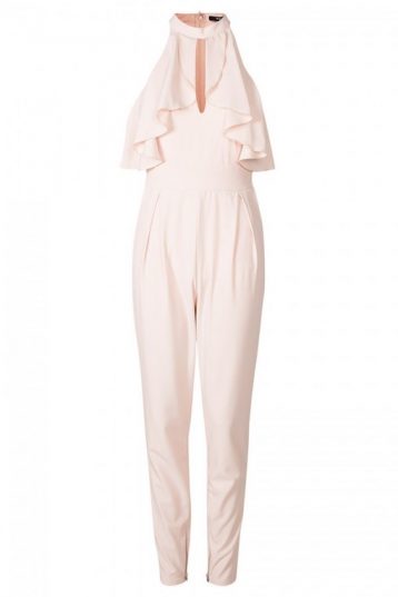 TFNC Simi Nude Frill Halter Jumpsuit Blush Pink