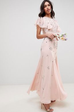 ASOS DESIGN Bridesmaid Embellished Sleeve Maxi Dress Blush Pink