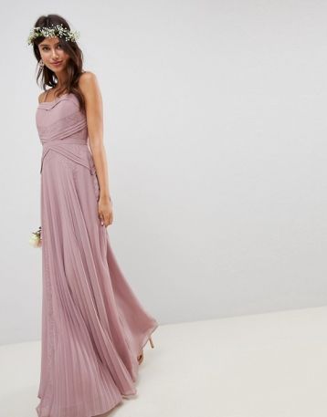 ASOS DESIGN Bridesmaid Pleated Panelled Cami Maxi Dress With Lace Inserts Dusty Pink