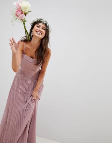 ASOS DESIGN Bridesmaid Pleated Panelled Cami Maxi Dress With Lace Inserts Dusty Pink