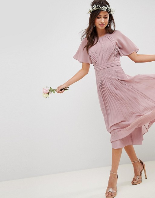 ASOS DESIGN Bridesmaid Pleated Midi Lace Dress Pink myonewedding