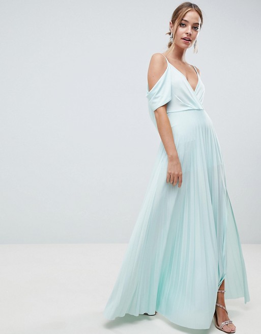 Cold shoulder cowl back pleated maxi dress on sale