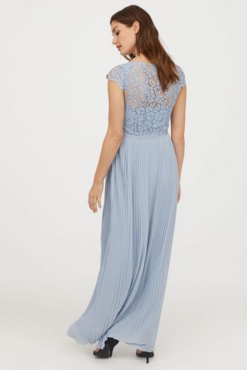 H&M Lace Pleated Maxi Bridesmaid Dress Lilac Pale Blue