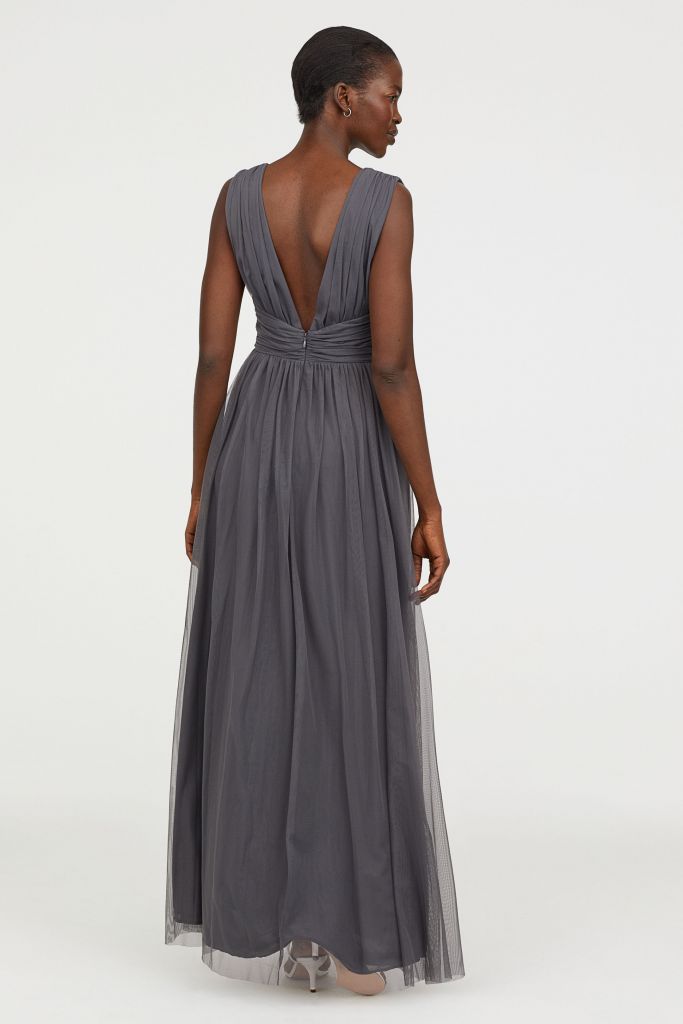 H M V Neck Bridesmaid Mesh Maxi Dress Dark Grey myonewedding