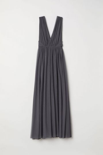 H&M V-Neck Bridesmaid Mesh Maxi Dress Dark Grey