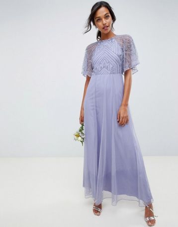 ASOS DESIGN bridesmaid embellished angel sleeve maxi dress, Lilac ...