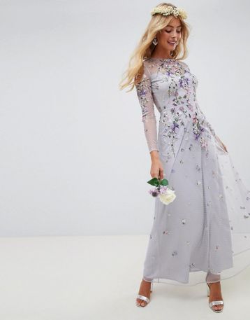 ASOS DESIGN Bridesmaid sleeve embroidered maxi dress Lilac Multi