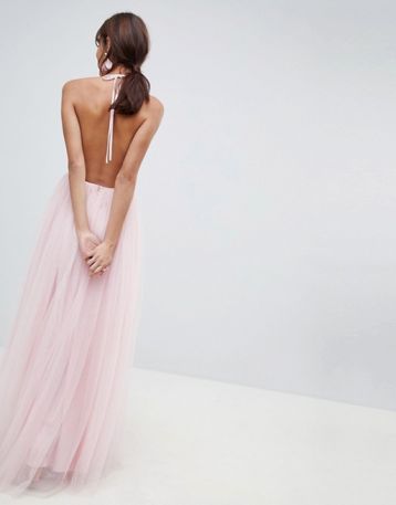 ASOS DESIGN Premium Halter Tulle Maxi Dress Pink Blush