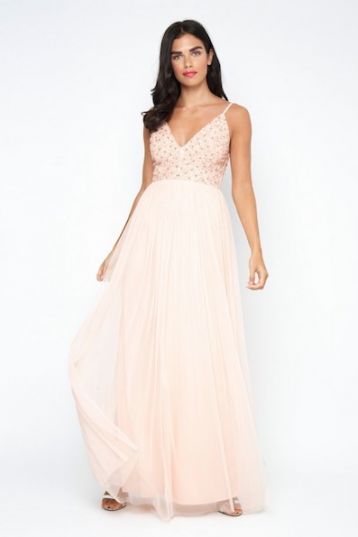 Lace & Beads Irina Embellished Maxi Dress Pale Pink Nude