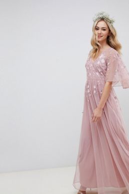 ASOS DESIGN Bridesmaid Maxi dress cape sleeve embroidered mesh Pink Blush