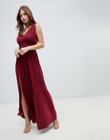 ASOS DESIGN PREMIUM FULLER BUST Lace Insert Pleated Maxi Dress Merlot Red