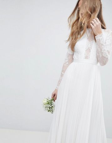 ASOS EDITION Sleeve Lace Bodice Maxi Wedding Dress Pleated Skirt Ivory