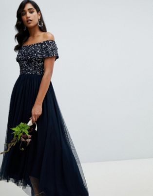 Maya Bardot High Low Sequin Maxi Dress Navy myonewedding