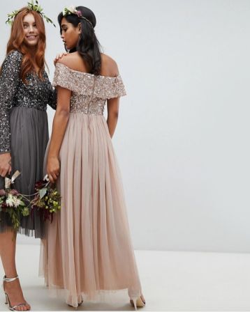 Maya Bardot High Low Sequin Maxi Dress Blush Taupe