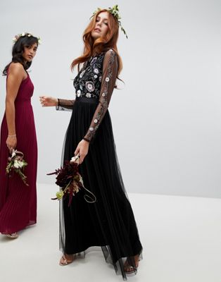 Maya floral embellished long sleeve maxi dress black myonewedding