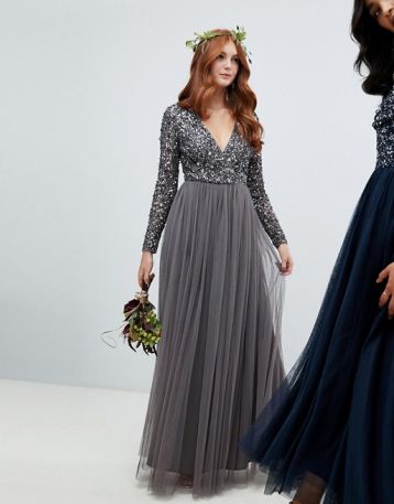 Maya long sleeve wrap front maxi dress sequin and tulle skirt Grey Charcoal