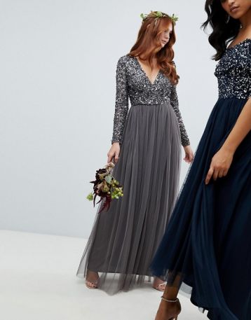 Maya long sleeve wrap front maxi dress sequin and tulle skirt Grey Charcoal