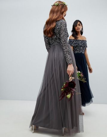 Maya long sleeve wrap front maxi dress sequin and tulle skirt Grey Charcoal