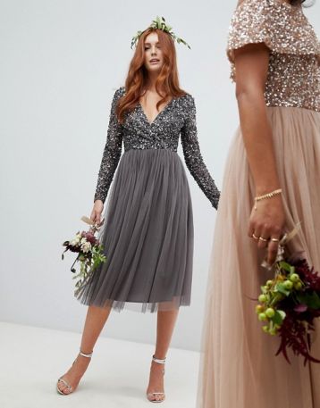 Maya Sleeve Midi Bridesmaid Dress Sequin and Tulle Skirt Grey Charcoal