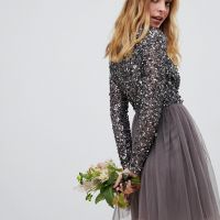 maya long sleeve wrap front maxi dress with delicate sequin and tulle skirt in charcoal