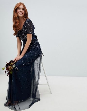 Maya V Neck Maxi Tulle Bridesmaid Sequin Dress Navy