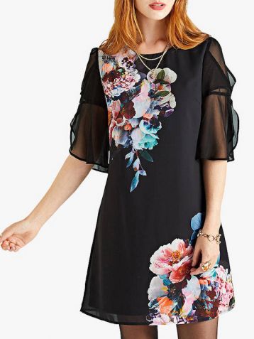 Yumi Flute Sleeve Tunic Dress Black Multi