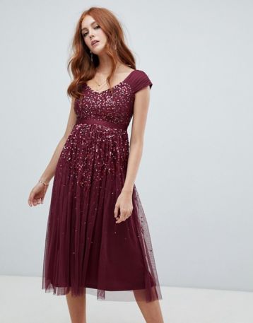 Amelia Rose embellished ombre sequin midi dress Berry Burgundy