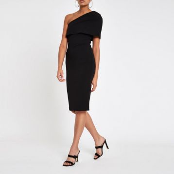 River Island Black one shoulder cape bodycon dress