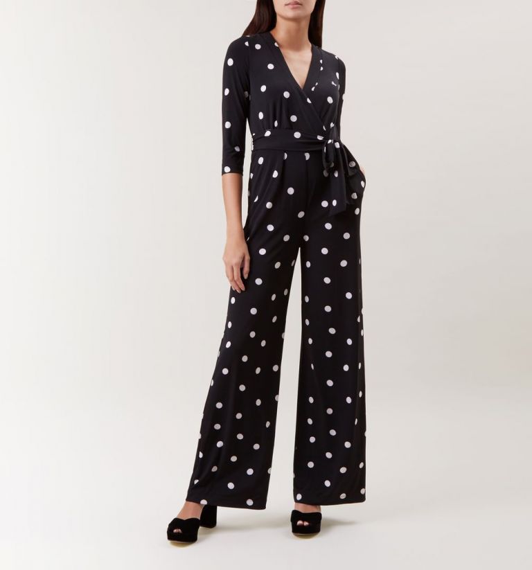 Hobbs Sleeved Jordanna Spot Jumpsuit, Black/Black - SALE Wedding Outfits