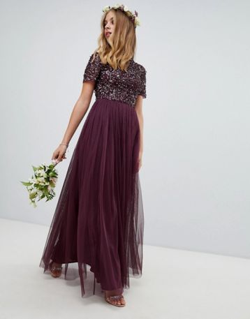 Maya high neck maxi tulle sequin bridesmaid maxi dress Berry Purple