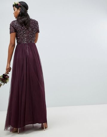 Maya high neck maxi tulle sequin bridesmaid maxi dress Berry Purple