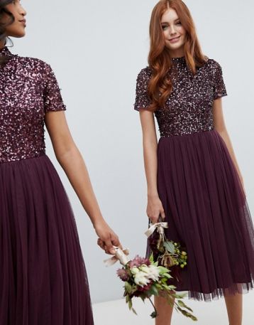 Maya high neck maxi tulle sequin bridesmaid dress Berry Purple