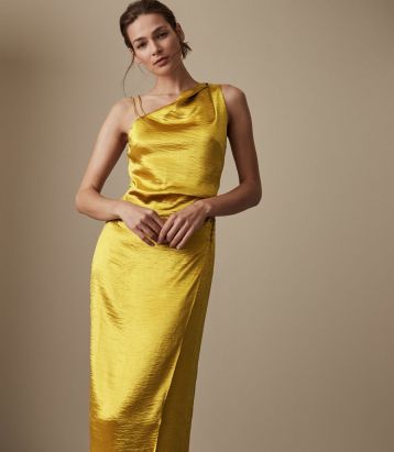 Reiss Positano Strappy Cocktail Dress Gold Metallic Yellow