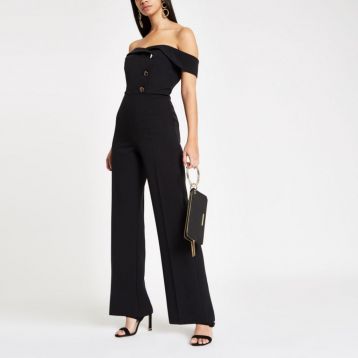 River Island Black bardot tux wide leg jumpsuit