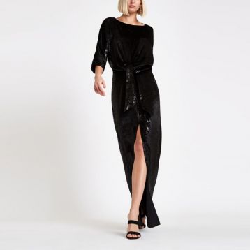 River Island Black velvet knot front split maxi dress