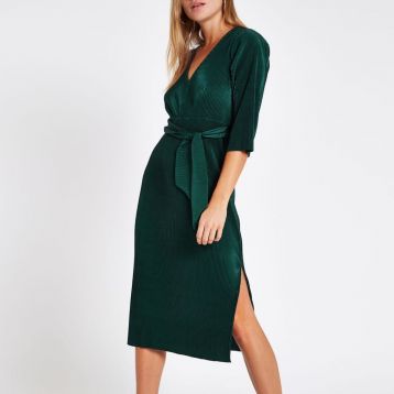 River Island Dark green tie waist plisse midi dress