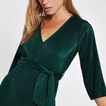 River Island Dark green tie waist plisse midi dress