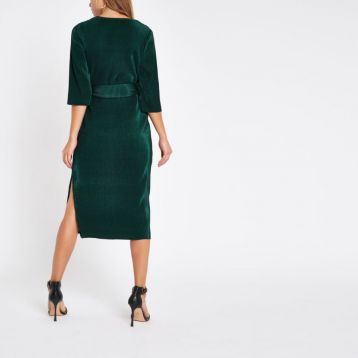 River Island Dark green tie waist plisse midi dress