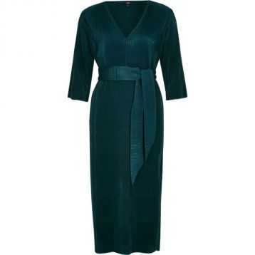 River Island Dark green tie waist plisse midi dress