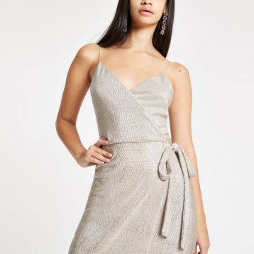 River Island Gold metallic plisse tie waist midi dress