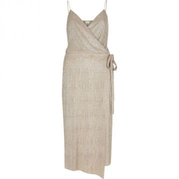 River Island Gold metallic plisse tie waist midi dress